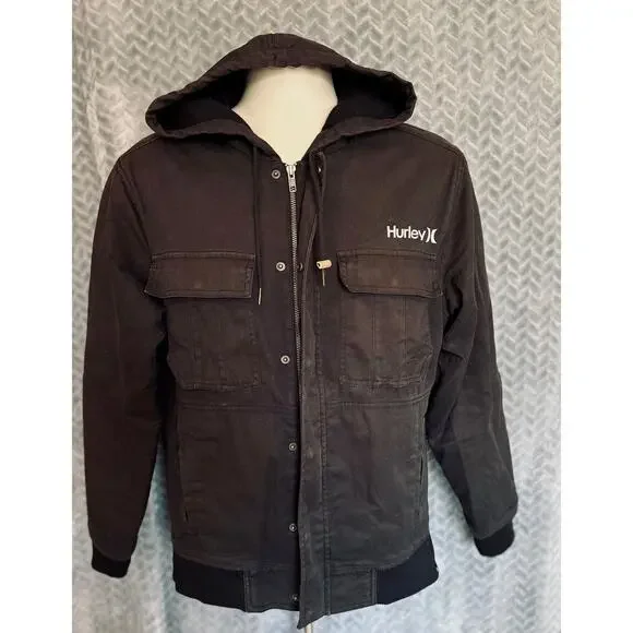 Hurley Mens Fleece Lined Hooded Black Canvas Denim Jacket- Small Outdoor Chore - Picture 1 of 5